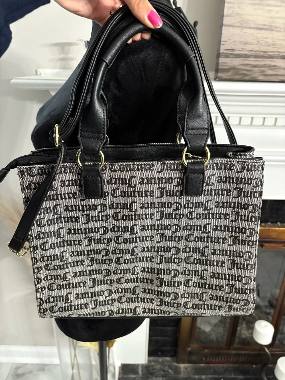 Juicy Couture Black and Beige Logo Messenger Bag